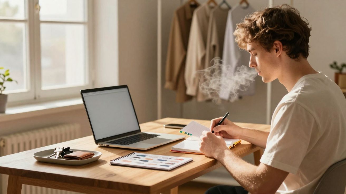 Homem jovem escrevendo em caderno sentado à mesa com laptop e material de trabalho, em ambiente iluminado natural.