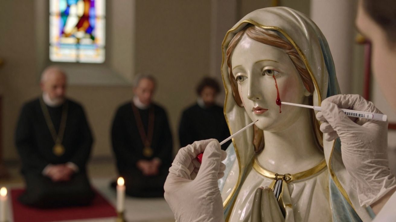 Estátua da Virgem Maria com lágrima de sangue sendo analisada por pessoas com luvas em igreja.