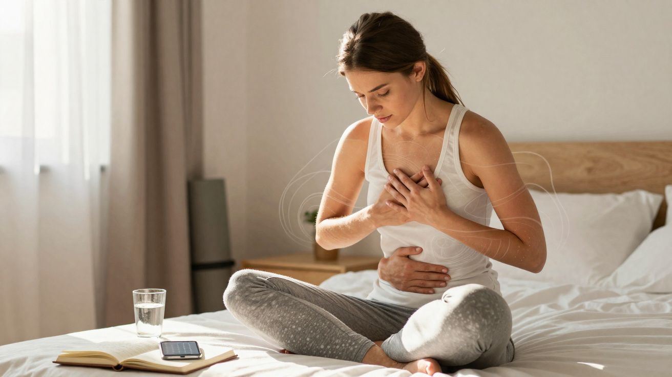 Mulher sentada na cama com expressão de dor, segurando o peito e o estômago.