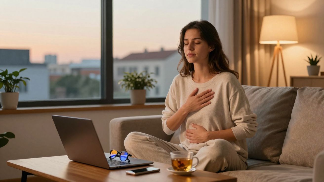 Mulher sentada no sofá com os olhos fechados, praticando meditação e respirando profundamente.