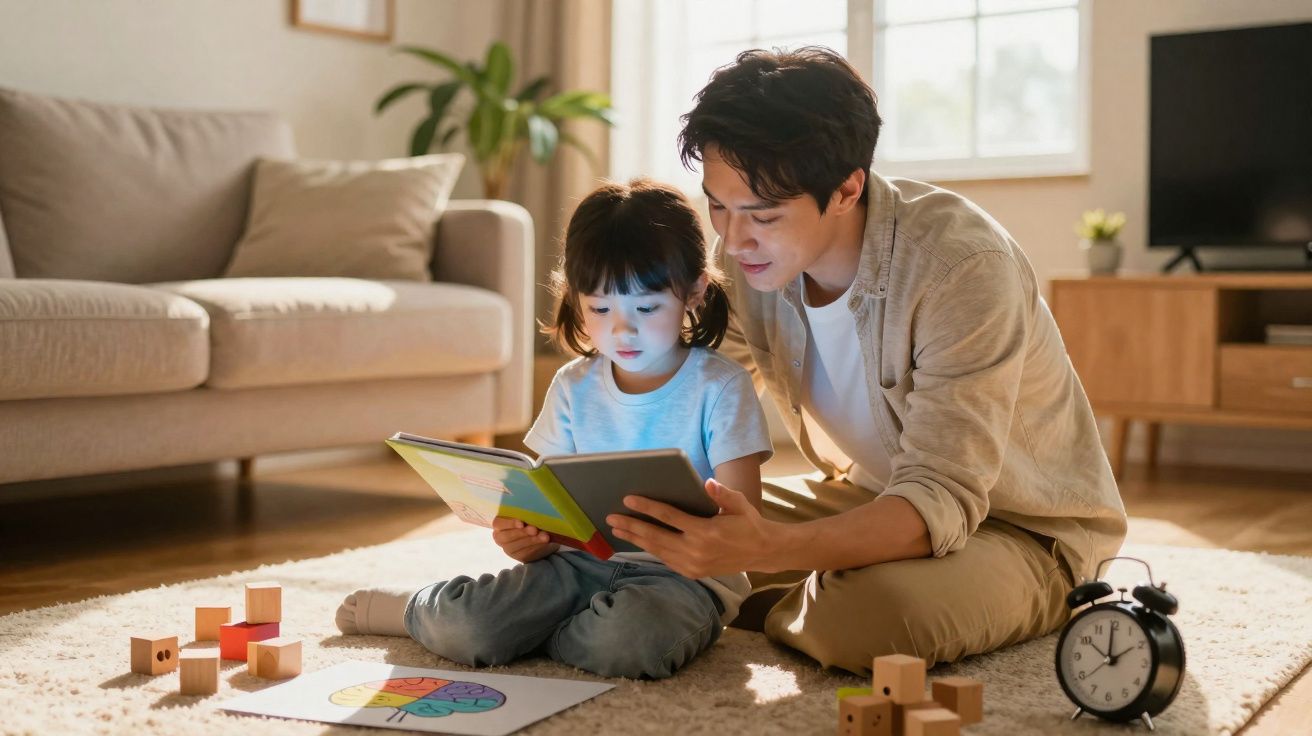 Pai e filha sentados no chão lendo um livro juntos em uma sala iluminada e aconchegante.