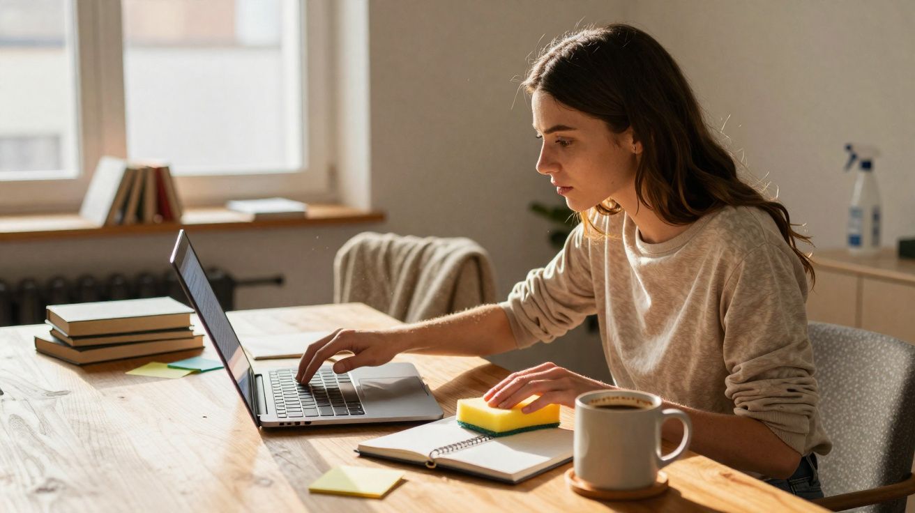 Mulher sentada à mesa, usando laptop e segurando esponja, com caderno e caneca à frente, em ambiente iluminado.