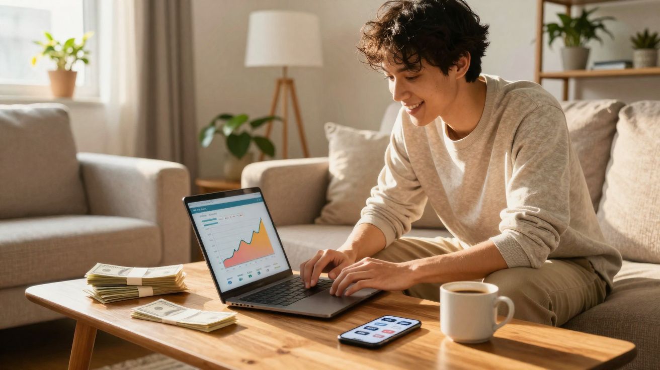 Pessoa sorridente trabalhando com laptop, gráficos financeiros e dinheiro sobre a mesa de madeira.