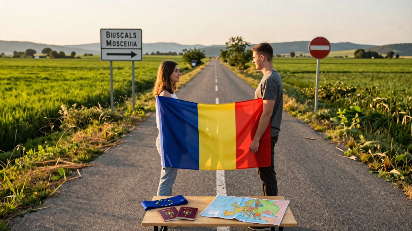 Casal em estrada rural segurando bandeira da Romênia, com mapa e passaportes na mesa à frente.