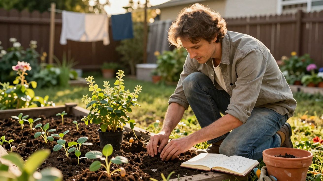 Homem cuidando de plantas em canteiro de jardim, com livro aberto ao lado, em ambiente externo ensolarado.