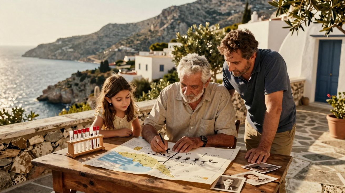 Homem idoso, homem adulto e menina analisam mapa em mesa ao ar livre com vista para o mar e montanhas.