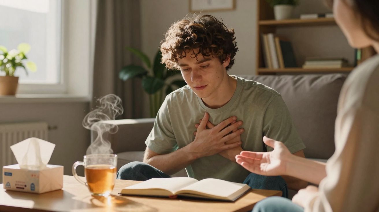 Jovem sentado no sofá com expressão de desconforto no peito, com chá e livro na mesa à frente.