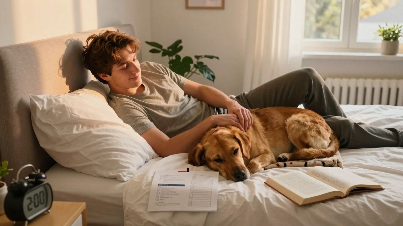 Jovem deitado na cama acariciando cachorro dourado, com livro e relógio ao lado, em quarto iluminado.