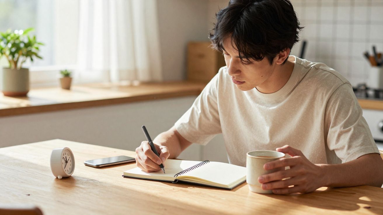 Jovem escrevendo em caderno com caneca na mão, sentado à mesa em ambiente iluminado e acolhedor.