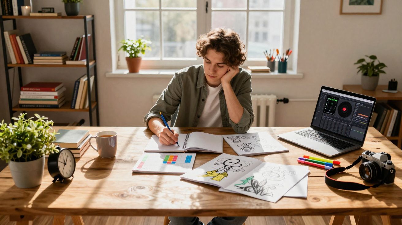 Jovem desenhando em mesa com cadernos, laptop, câmera, plantas e objetos em ambiente claro e organizado.