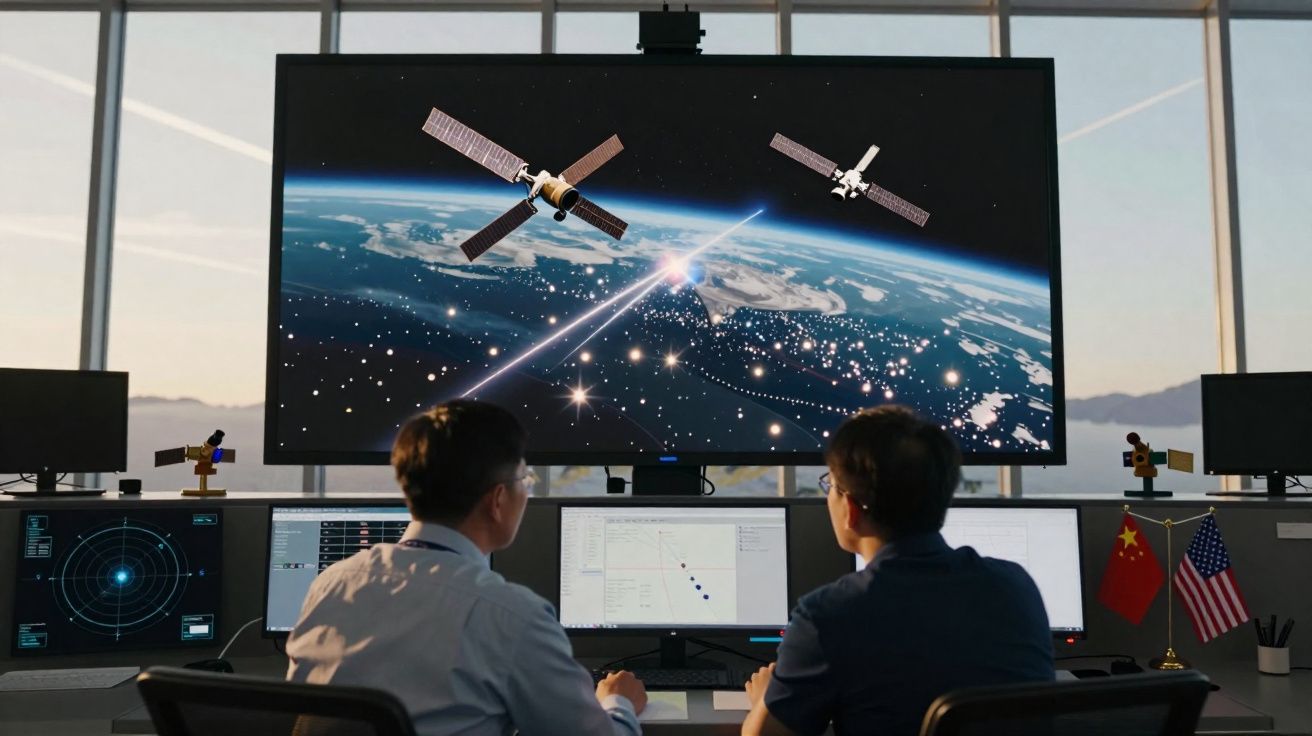 Duas pessoas observando satélites e monitoramento espacial em telões e computadores em uma sala de controle.