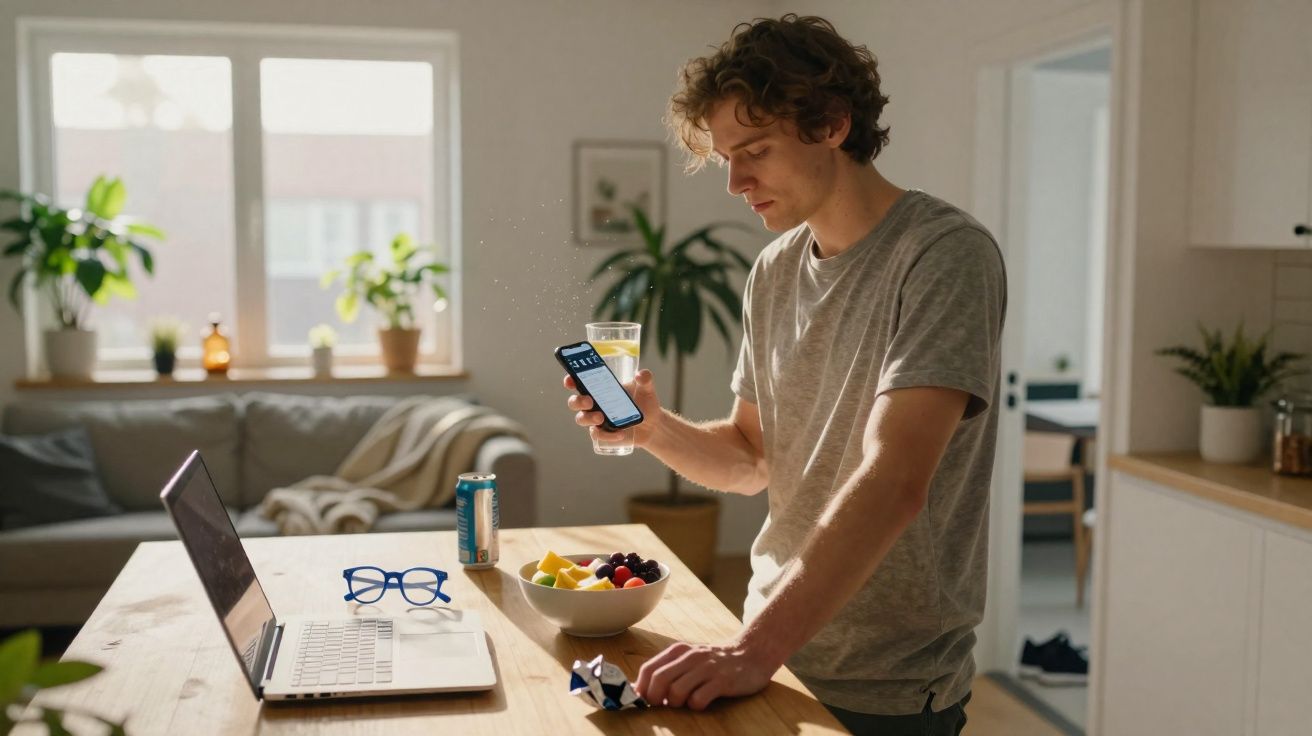 Jovem segurando copo e celular, em pé à mesa com notebook, frutas e óculos em cozinha iluminada pela manhã.