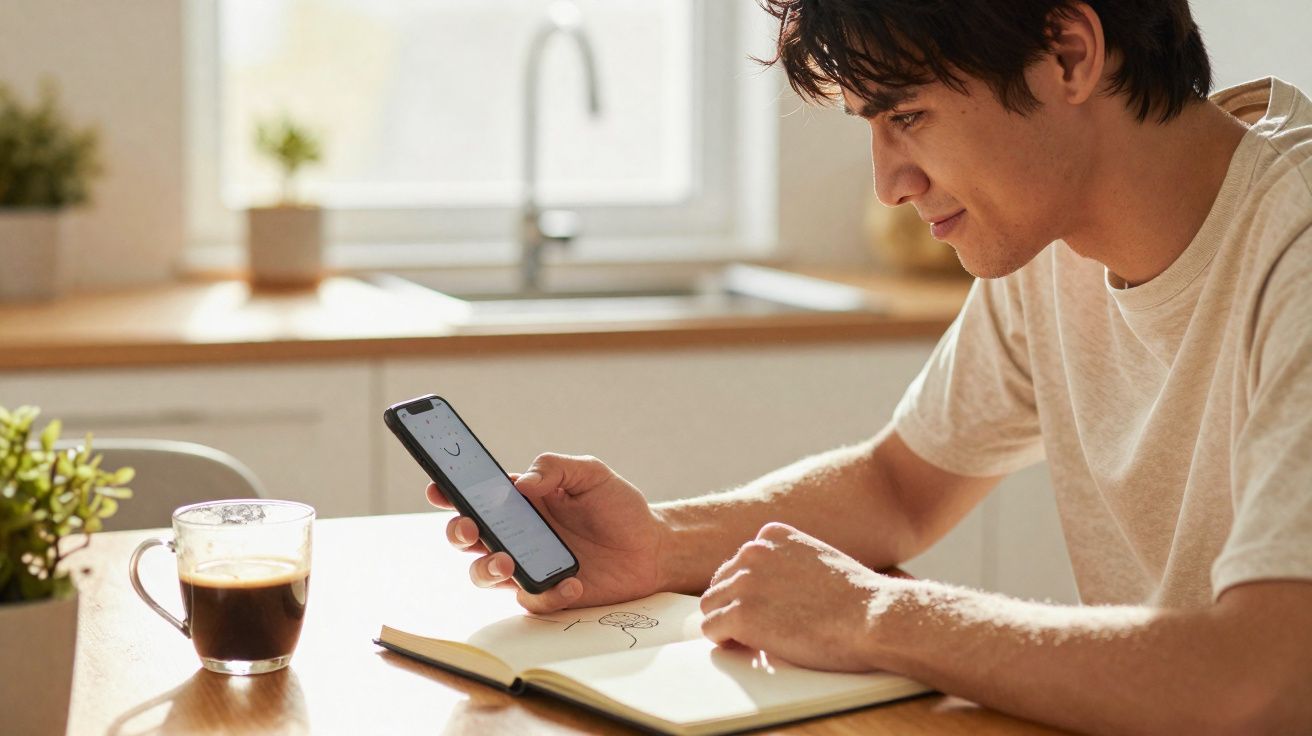 Jovem sentado em mesa com notebook aberto e segurando celular, com xícara de café ao lado em cozinha clara.