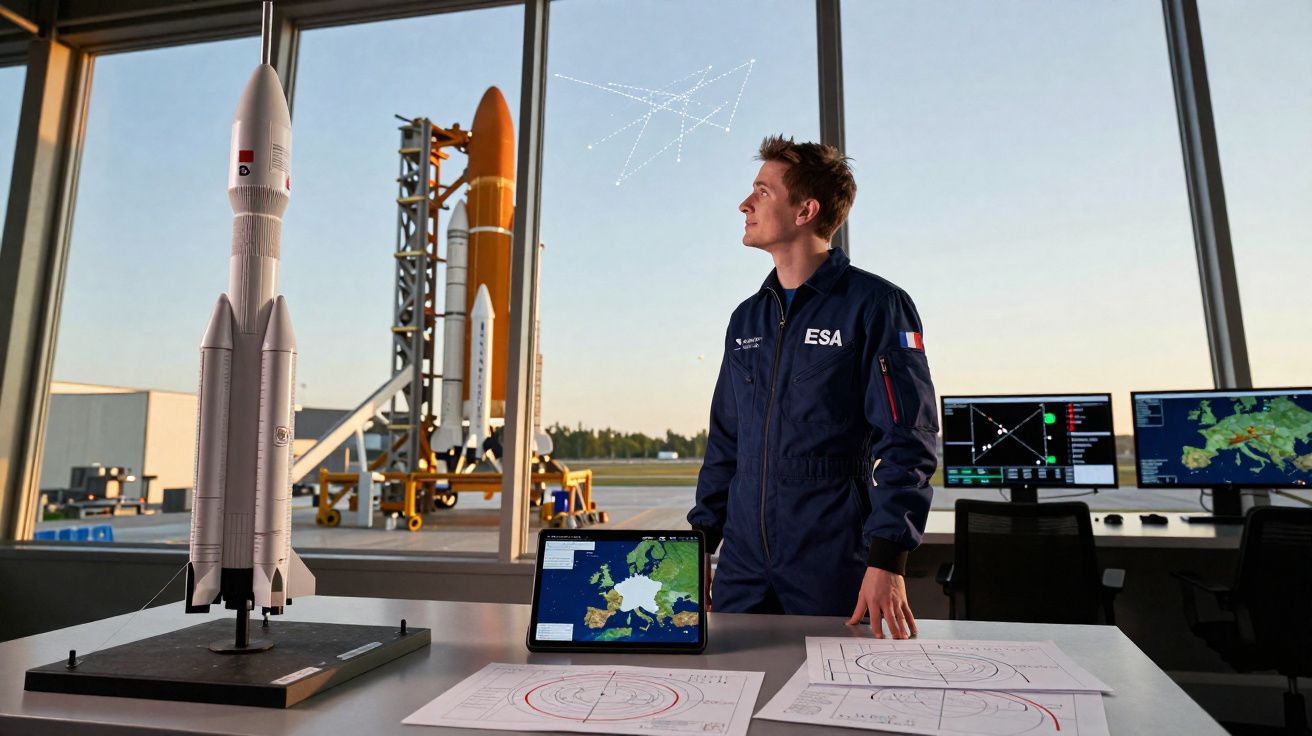 Homem com uniforme ESA observa foguete em sala de controle com mapas e modelos de espaçonave ao fundo.