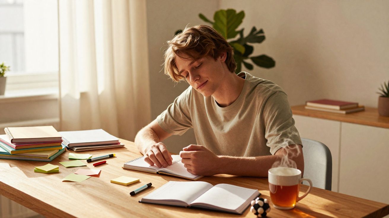 Jovem sentado à mesa estudando, com livros, cadernos, canetas e xícara de chá fumegante.