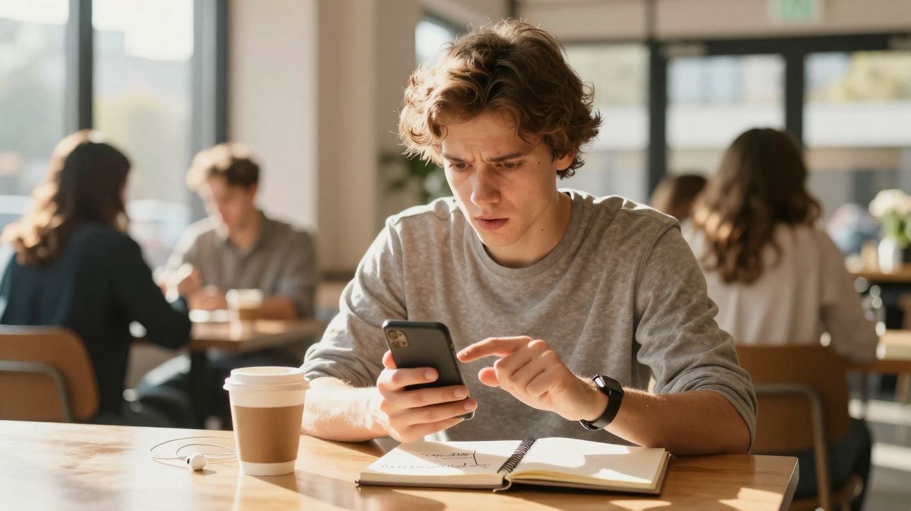 Jovem concentrado olhando para celular em cafeteria, com caderno aberto e café sobre a mesa.