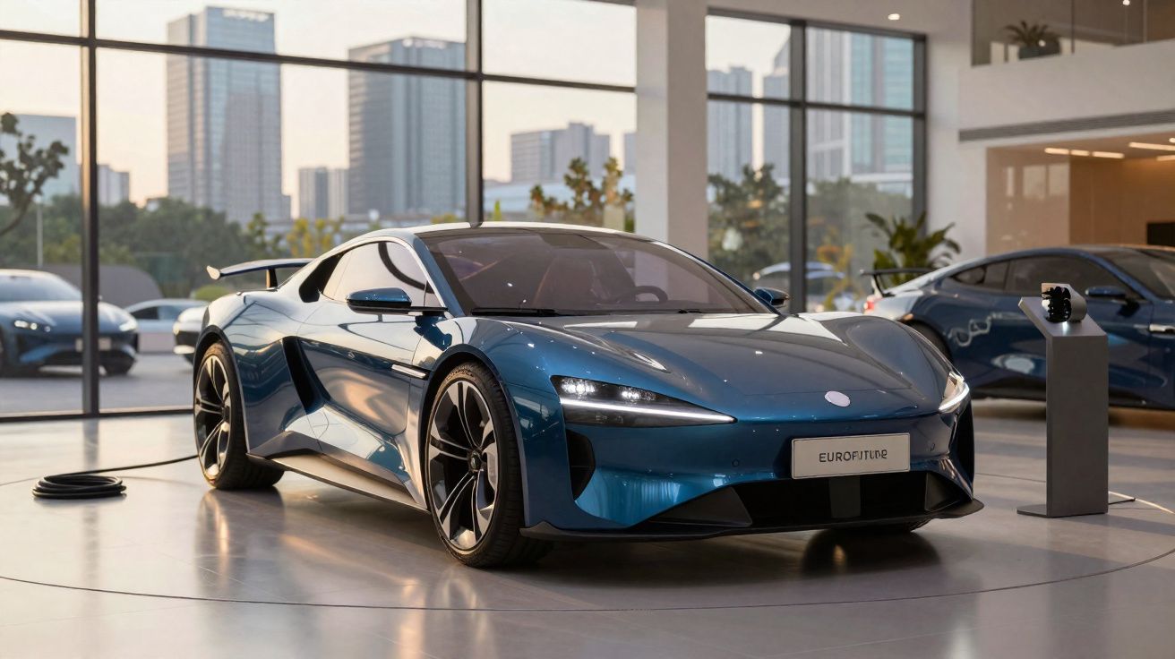 Carro esportivo azul metálico exposto em ambiente interno com janelas grandes e vista urbana ao fundo.