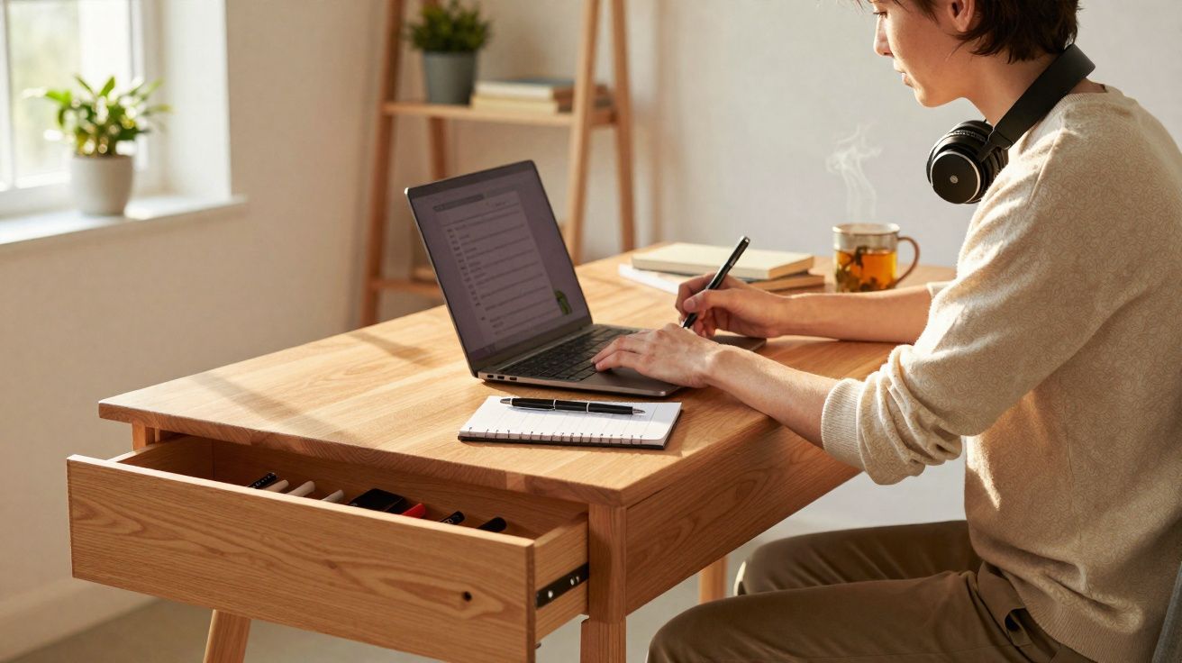 Pessoa trabalhando em mesa de madeira com laptop, caderno e fones de ouvido pretos no pescoço.