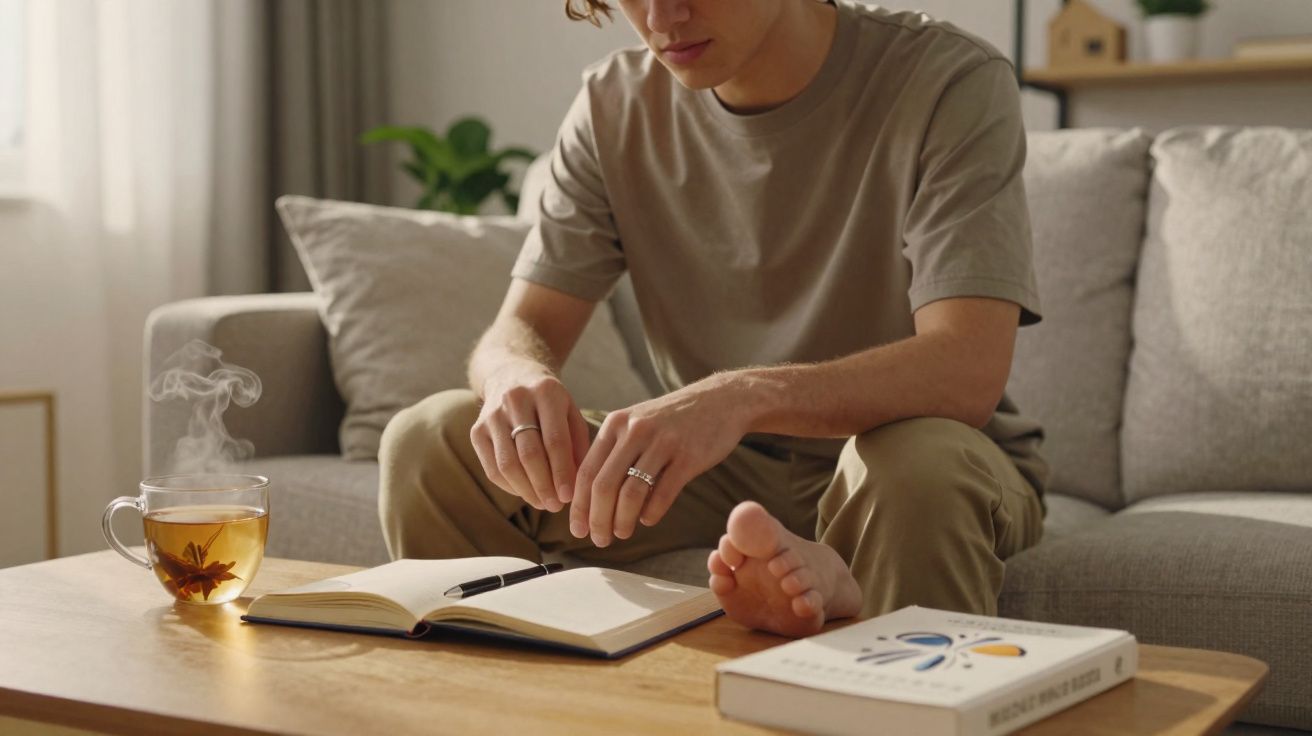 Pessoa sentada no sofá lendo um livro em uma mesa com chá quente e outro livro fechado.