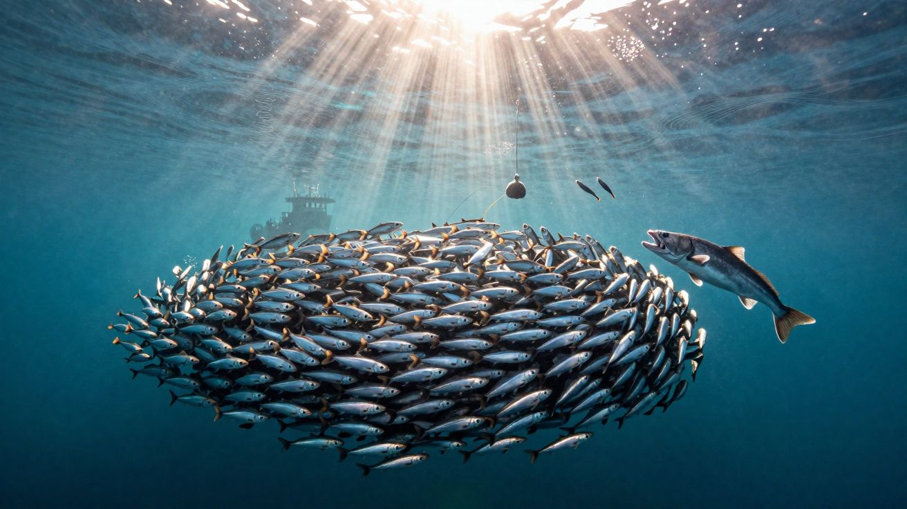 Cardume de peixes reunidos próximos à superfície do mar com sol iluminando e um peixe maior à direita.
