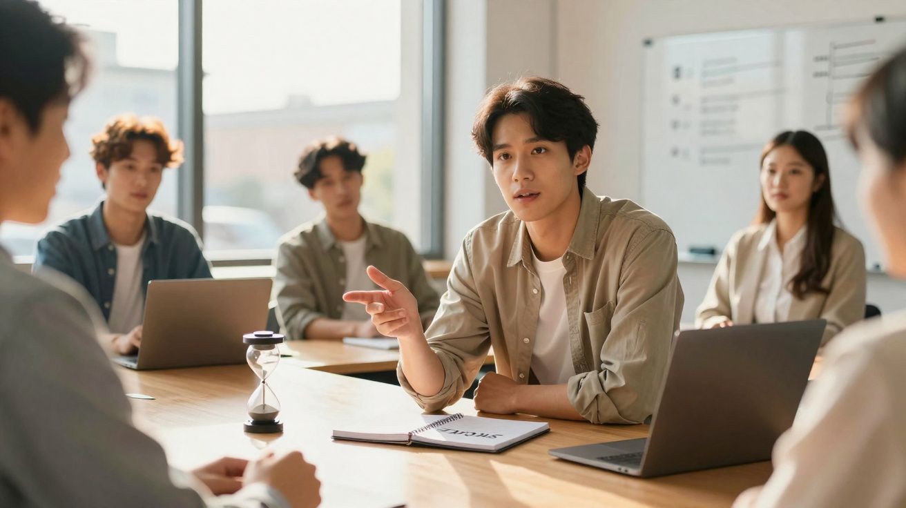 Jovem liderando reunião de negócios com colegas em sala clara, computadores e quadro branco ao fundo.
