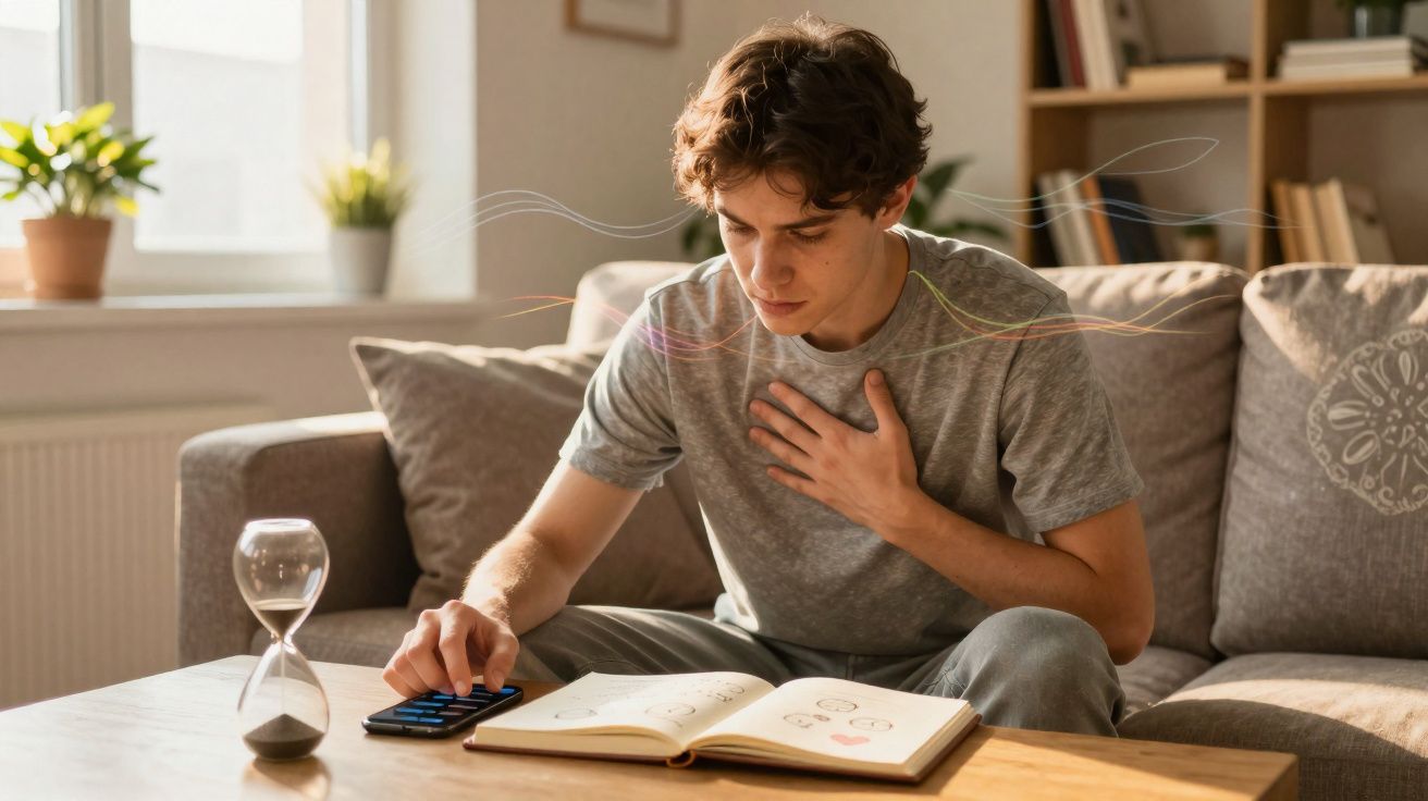 Jovem sentado no sofá com dor no peito, olhando celular e livro aberto sobre a mesa de madeira.