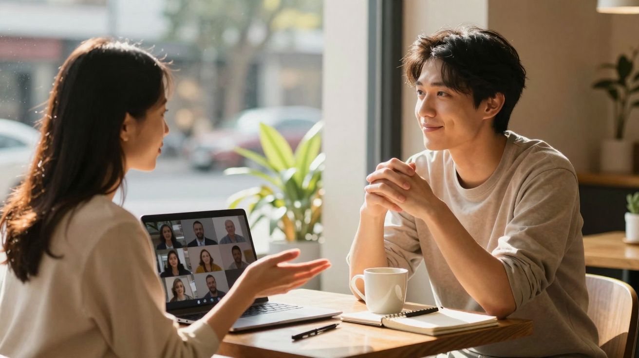 Duas pessoas conversando em um café, com laptop mostrando videoconferência ao fundo.
