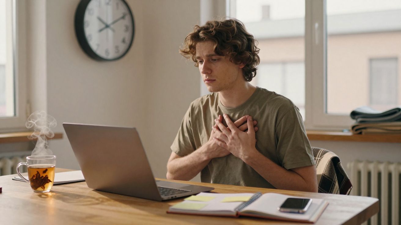 Jovem sentado em mesa de trabalho, com expressão de dor no peito, olhando para um laptop aberto.