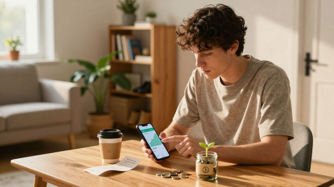 Jovem sentado à mesa olhando gráfico no celular, com café, moedas e planta ao lado.