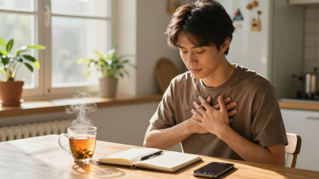 Jovem sentado à mesa com diário aberto, celular e chá quente, segurando o peito, em ambiente iluminado.