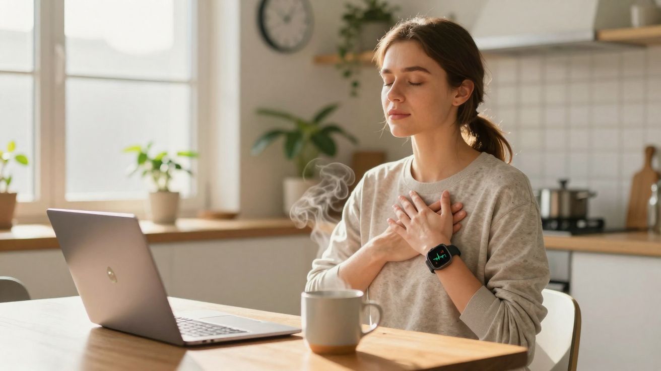 Mulher sentada à mesa, olhos fechados, mãos no peito, laptop aberto e caneca com vapor em cozinha iluminada.