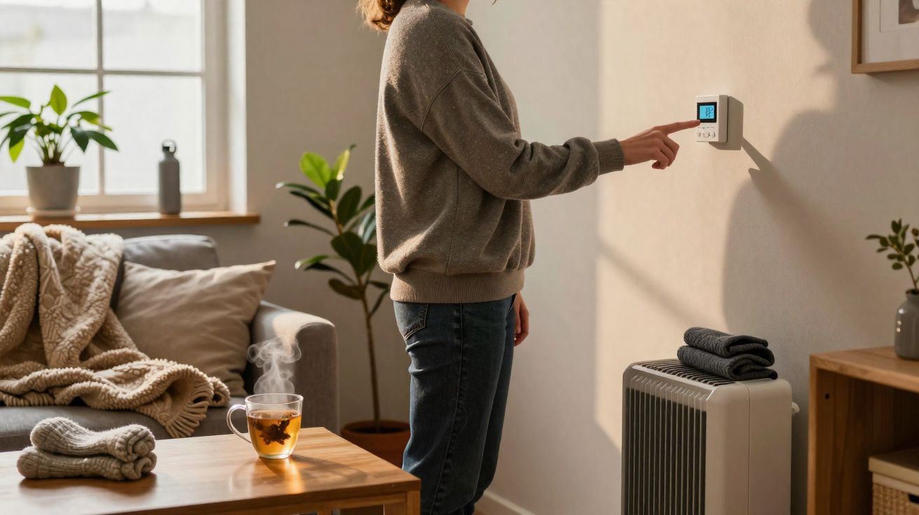 Pessoa ajustando termostato digital em sala com aquecedor, sofá e xícara de chá fumegante sobre mesa de madeira.