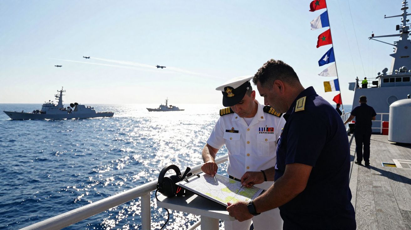 Dois militares consultam mapa a bordo de navio, com outros navios e aviões militares no mar ao fundo.