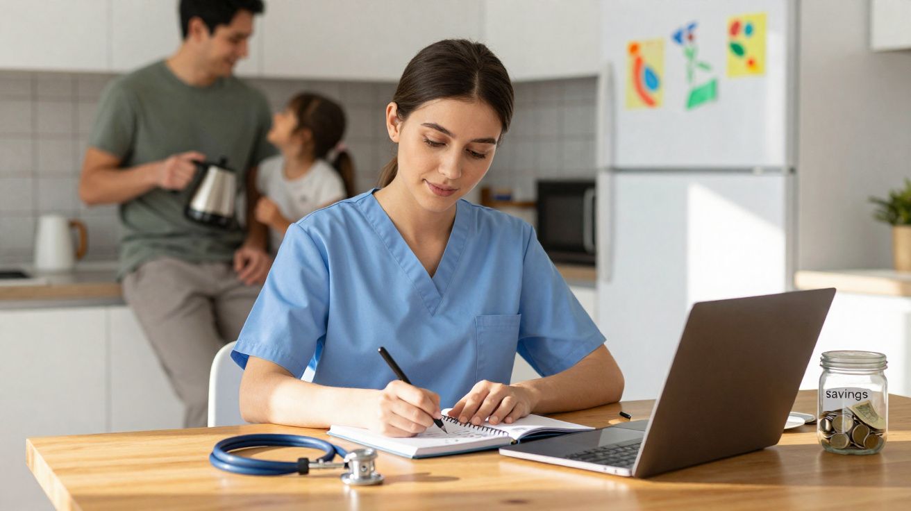 Mulher vestindo uniforme médico estudando com laptop em mesa, enquanto homem e menina conversam ao fundo na cozinha.