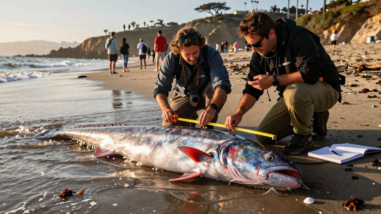 Dois homens medindo um grande peixe encalhado na praia ao entardecer.