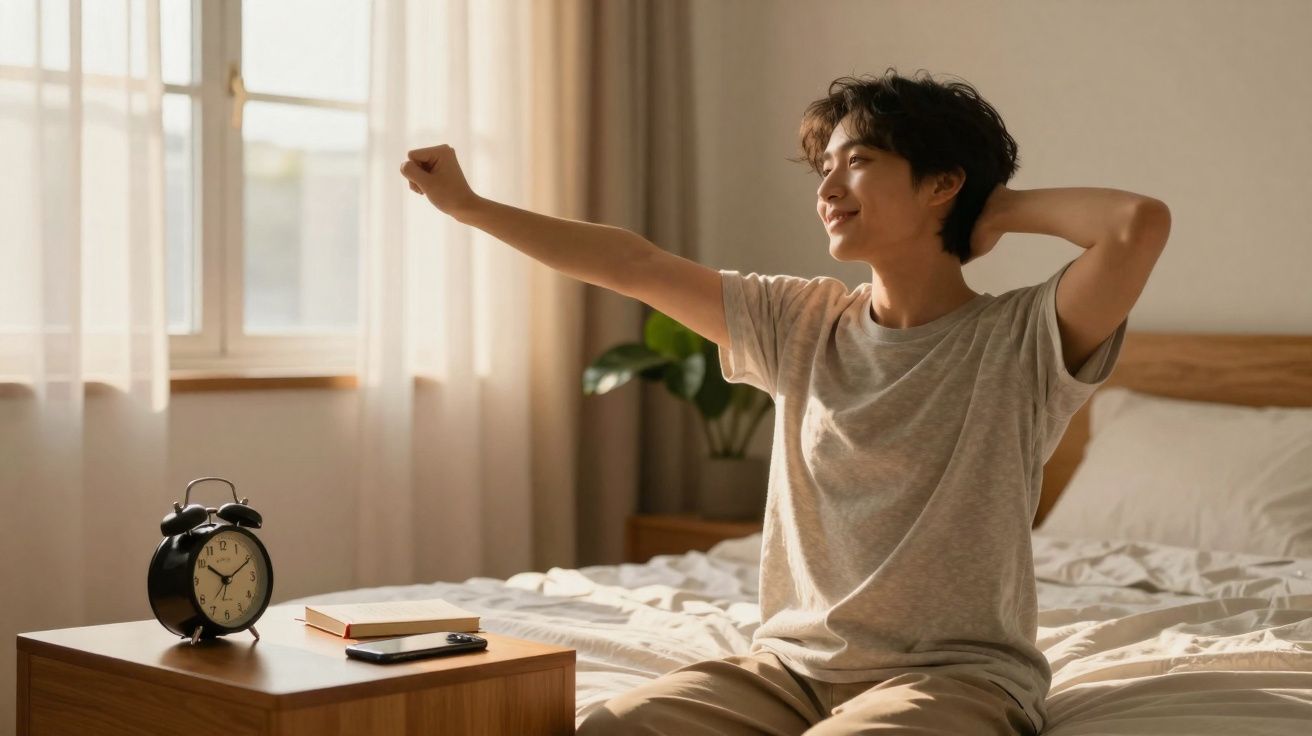 Pessoa jovem se espreguiçando sentada na cama perto de janela com luz natural, despertador e celular na mesa ao lado.