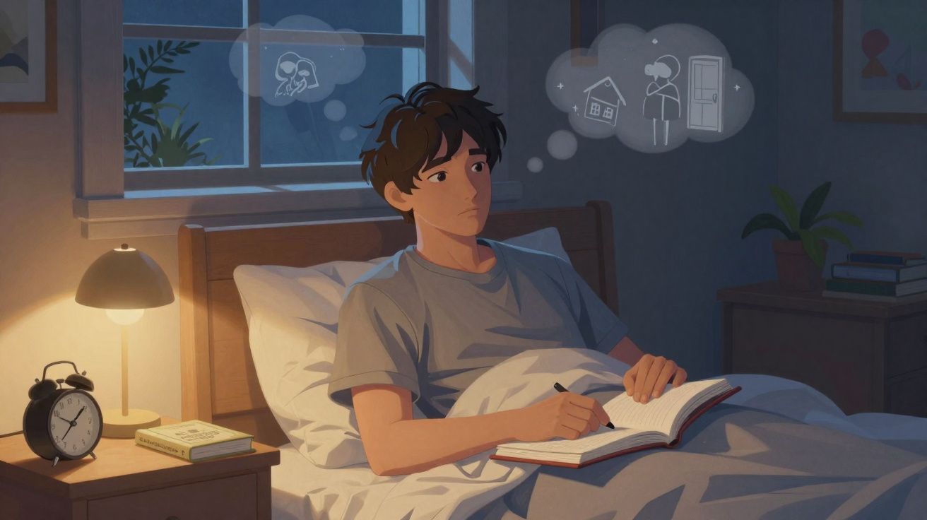 Jovem deitado na cama escrevendo, pensando em lembranças passadas e futuro morando sozinho.