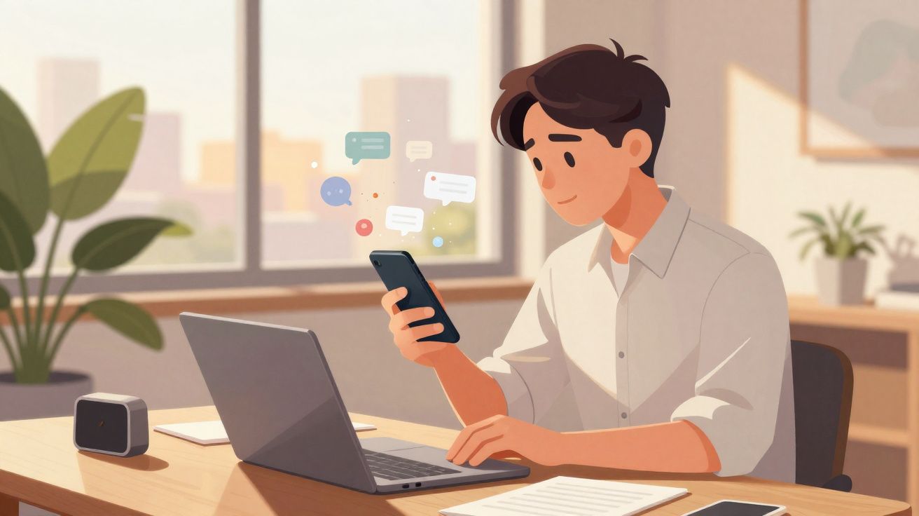 Homem sentado à mesa vendo mensagens no celular, usando laptop em ambiente de escritório claro e organizado.