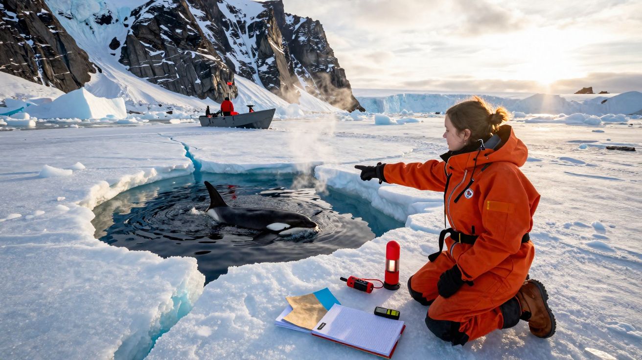 Mulher em roupa laranja observa uma orca em buraco no gelo na região polar com barco e montanhas ao fundo.