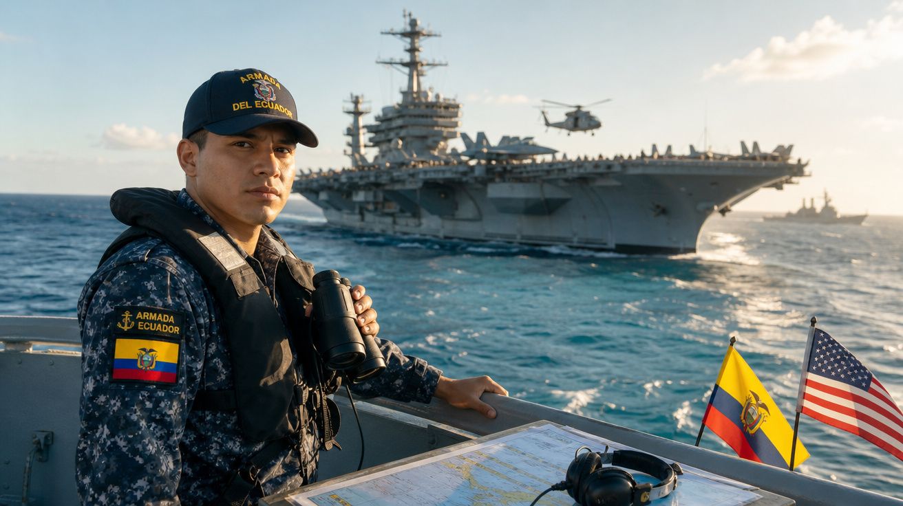Marinheiro equatoriano com binóculos em embarcação naval, porta-aviões e helicóptero ao fundo, com bandeiras do Equador e EUA