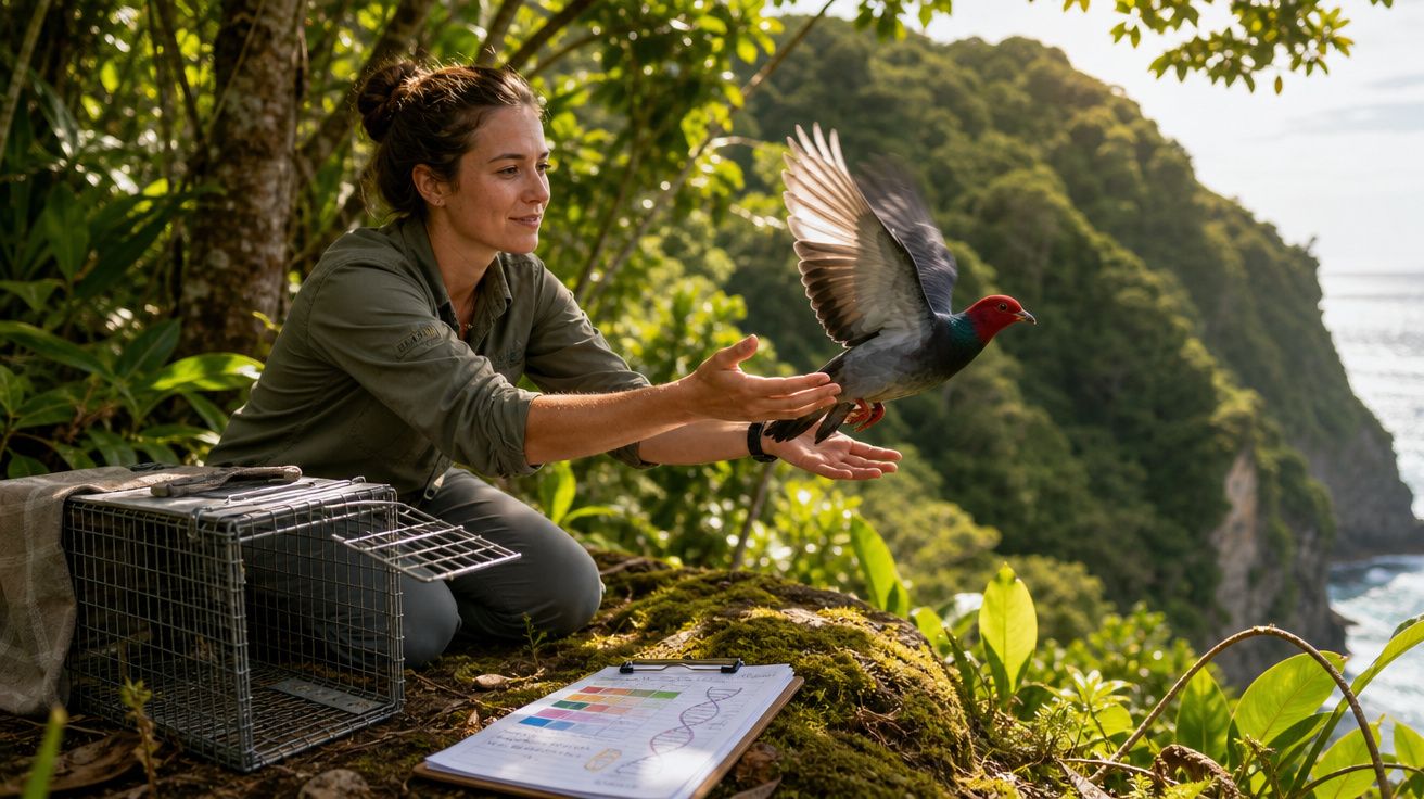 Mulher solta pássaro com cabeça vermelha em área verde, ao lado de gaiola e prancheta em ambiente natural.