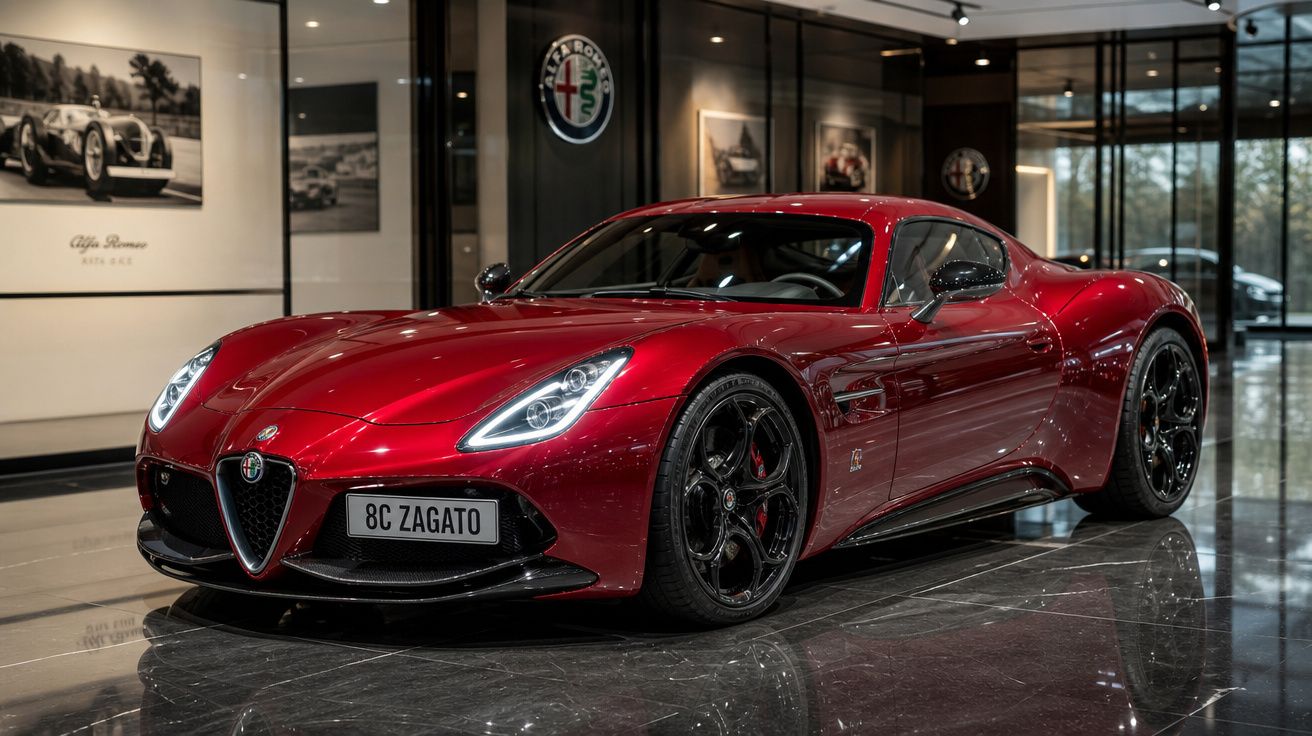 Carro esportivo vermelho Alfa Romeo 8C Zagato em exposição em showroom moderno com piso refletivo.