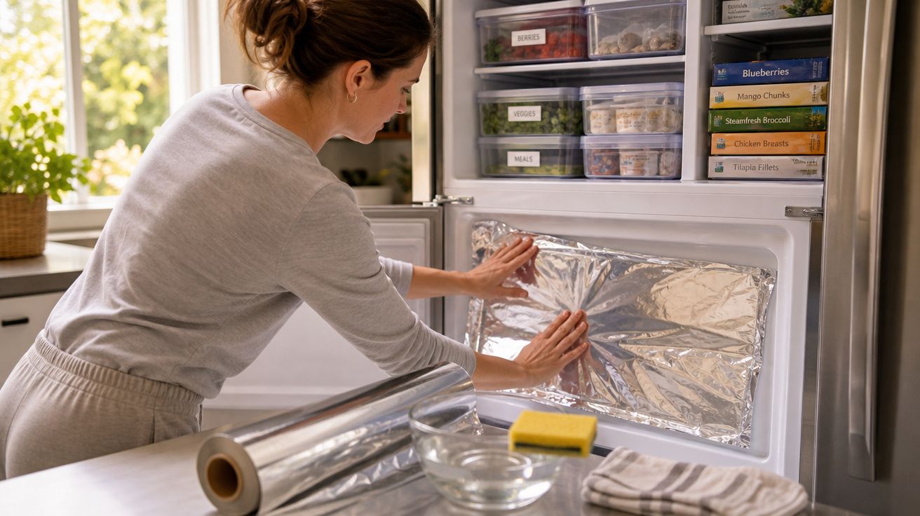 Mulher cobrindo freezer da geladeira com papel alumínio na cozinha bem iluminada.