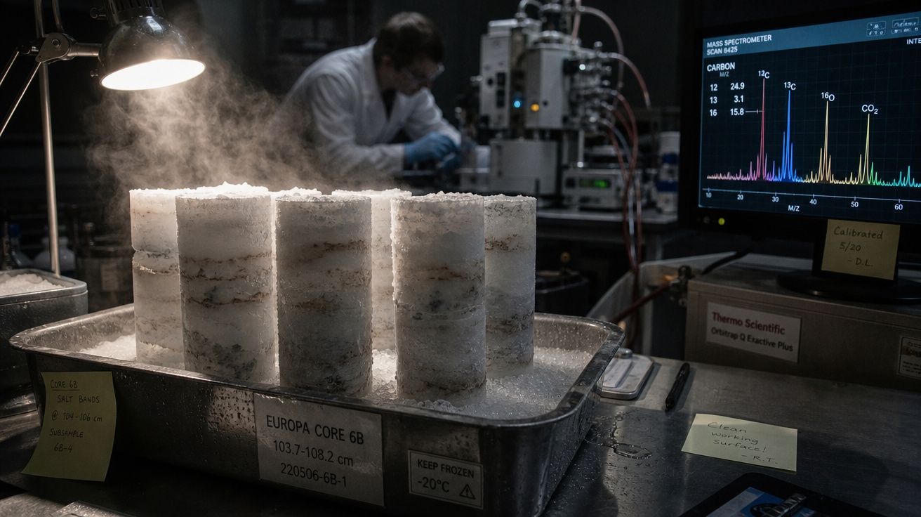 Amostras de núcleos de gelo em bandeja de alumínio em laboratório com cientista e equipamento analítico ao fundo.