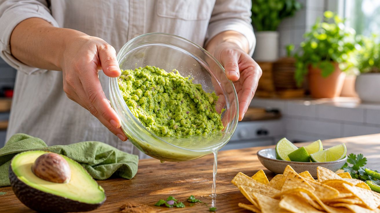 Pessoa despejando guacamole em tigela com chips de milho, abacate e limão sobre bancada de madeira.