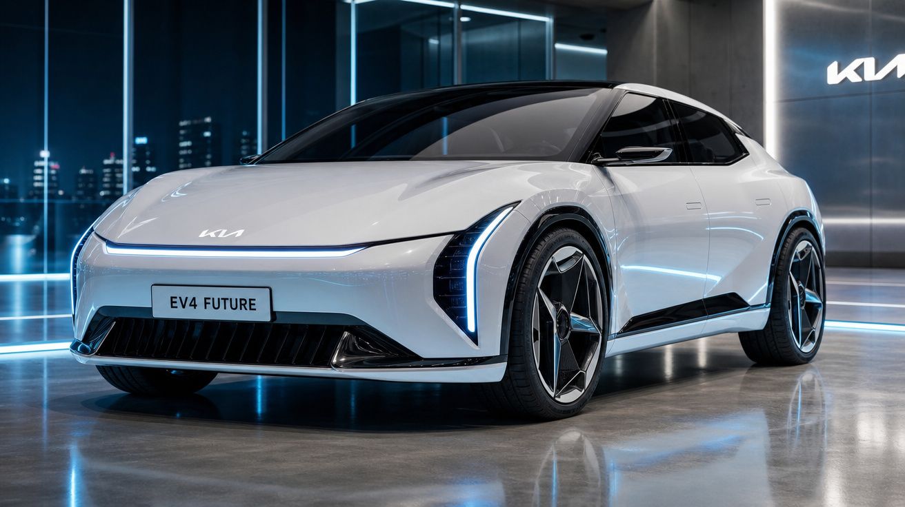 Carro elétrico branco KIA EV4 FUTURE em ambiente moderno com iluminação azul neon à noite.