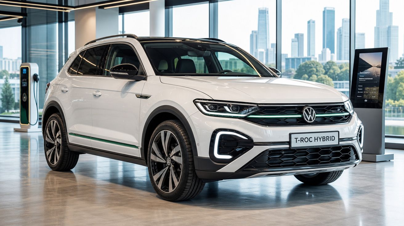 Carro SUV Volkswagen T-Roc Hybrid branco em exposição em ambiente interno moderno com vista para a cidade.