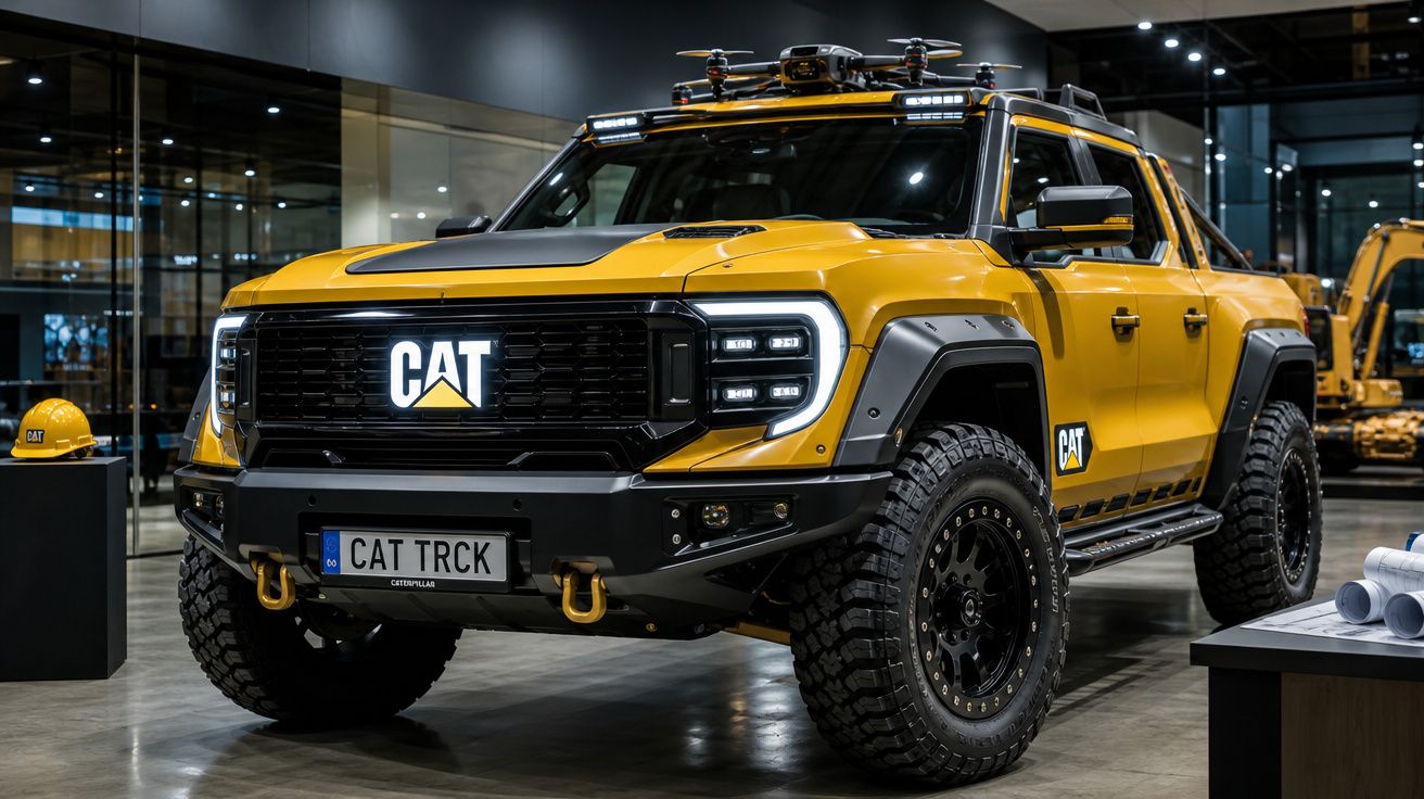Picape elétrica amarela CAT TRCK exposta em showroom moderno, com rodas robustas e drone no teto.