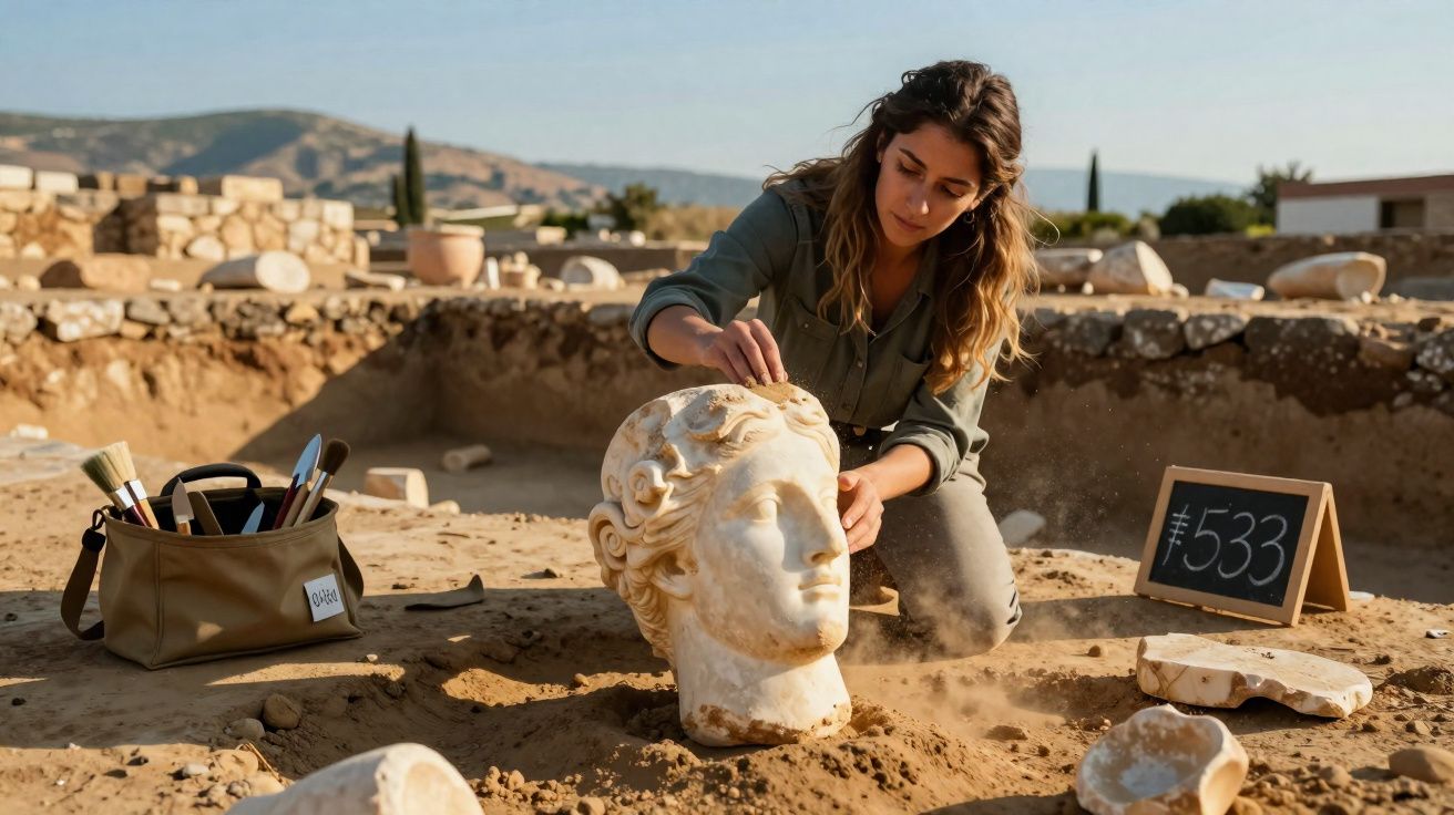 Mulher arqueóloga limpando uma escultura de cabeça grega antiga durante escavação arqueológica.