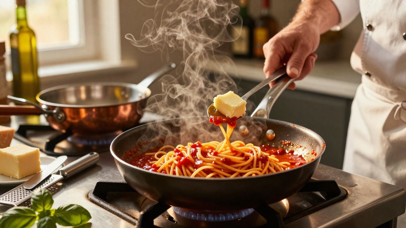 Cozinheiro adiciona manteiga ao espaguete quente com molho de tomate em frigideira no fogão a gás.